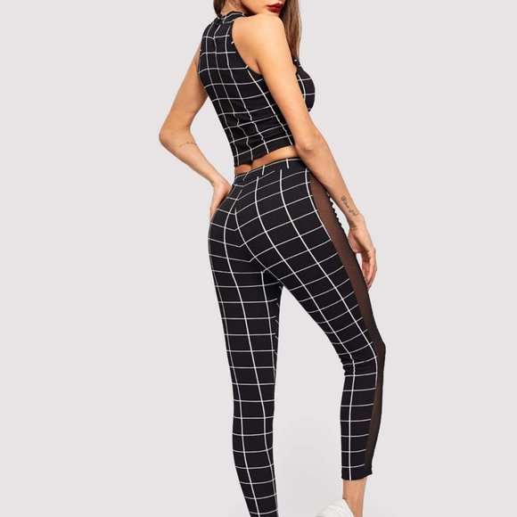 Plaid Crop Top & Leggings with Mesh Insert - Picture 3 of 6